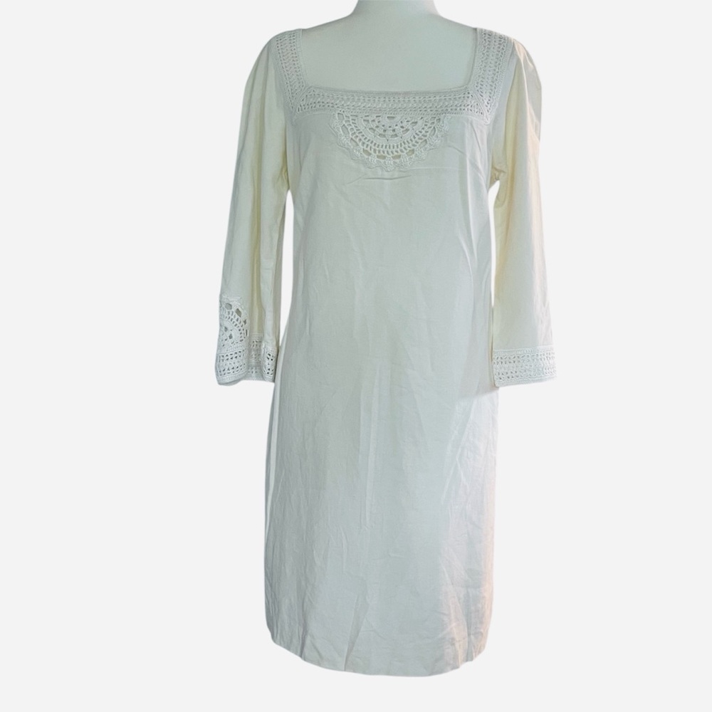 Anne Klein Midi Dress Women Linen Blend  Embroidered Crochet Coastal Boho Sz 12